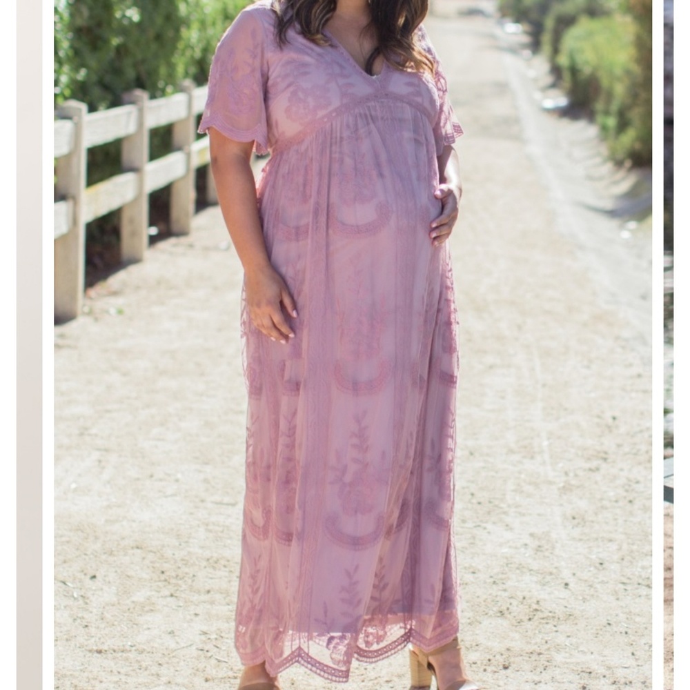Mauve Lace Overlay Plus Size Maternity Maxi Dress